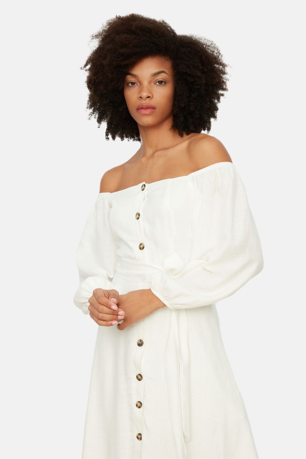 TRENDYOLMILLA Ekru Kusakl? Midi Dugmeli Kare Yaka Dokuma Keten Gorunumlu Elbise TWOSS19IE0009  фото 13