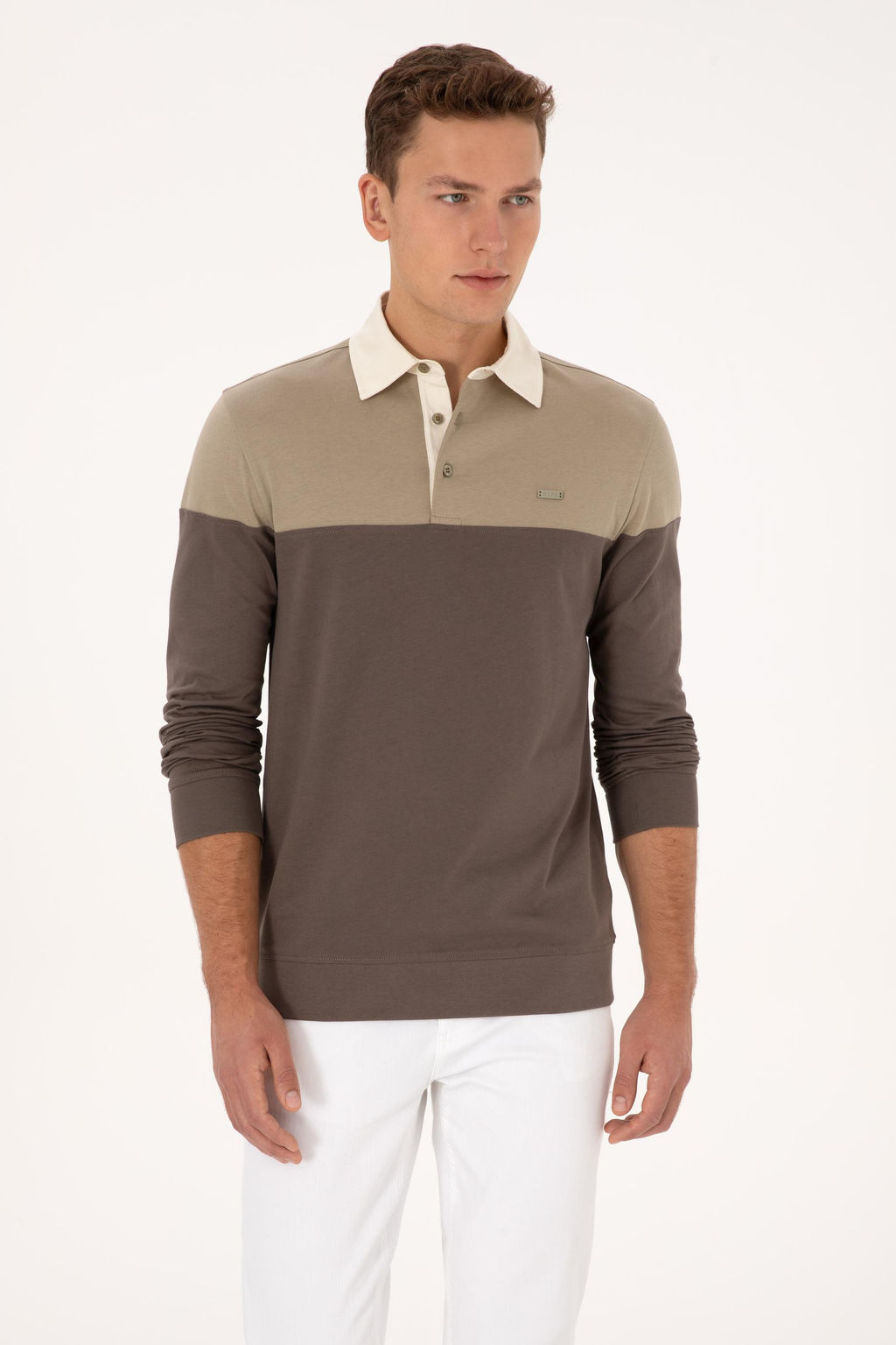 Erkek Regular Fit Polo Yaka A__k Haki Sweatshirt