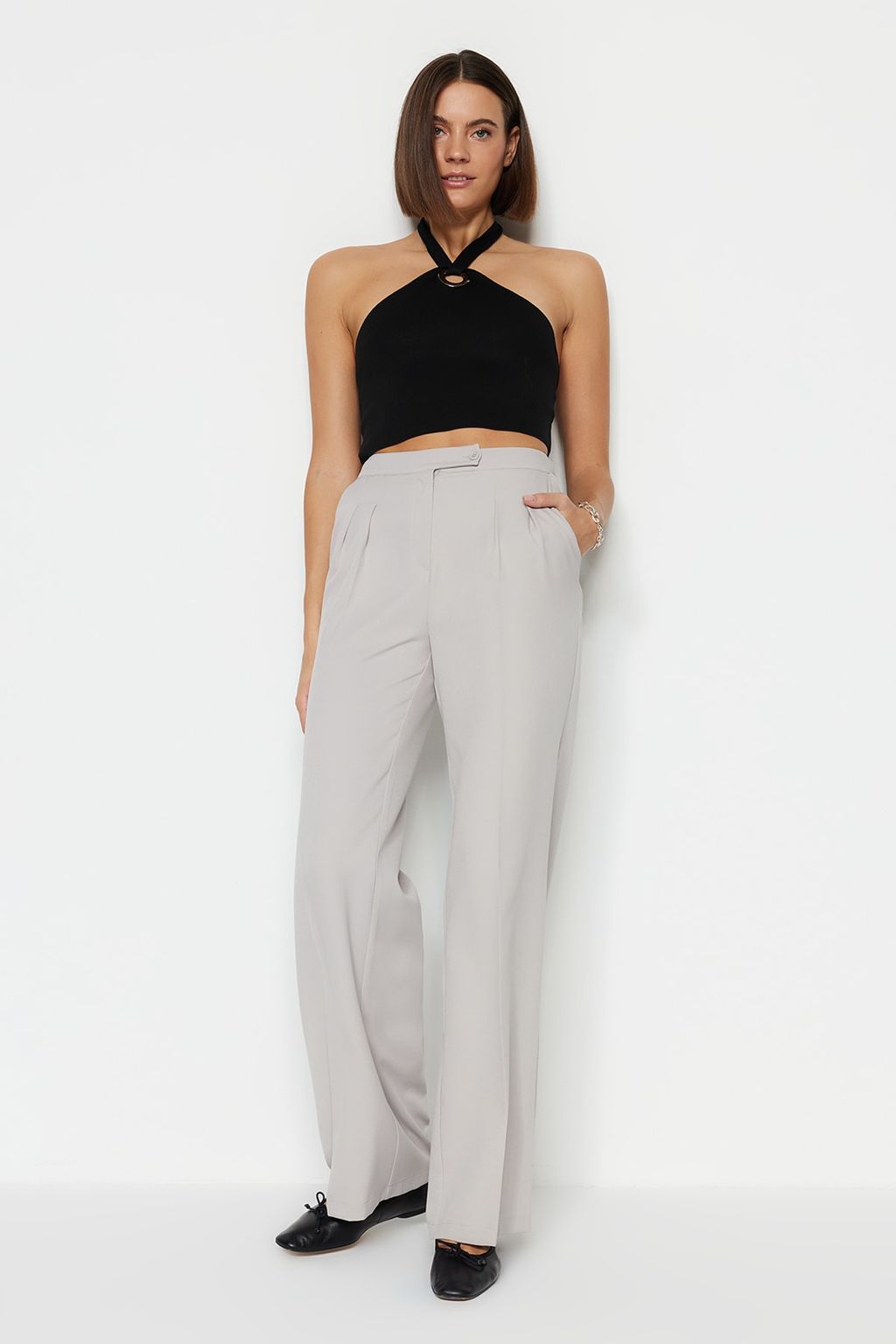 TRENDYOLMILLA Ekru Wide Leg/Genis Paca Yuksek Bel Dokuma Kumas Pantolon TWOAW22PL0066 фото 15