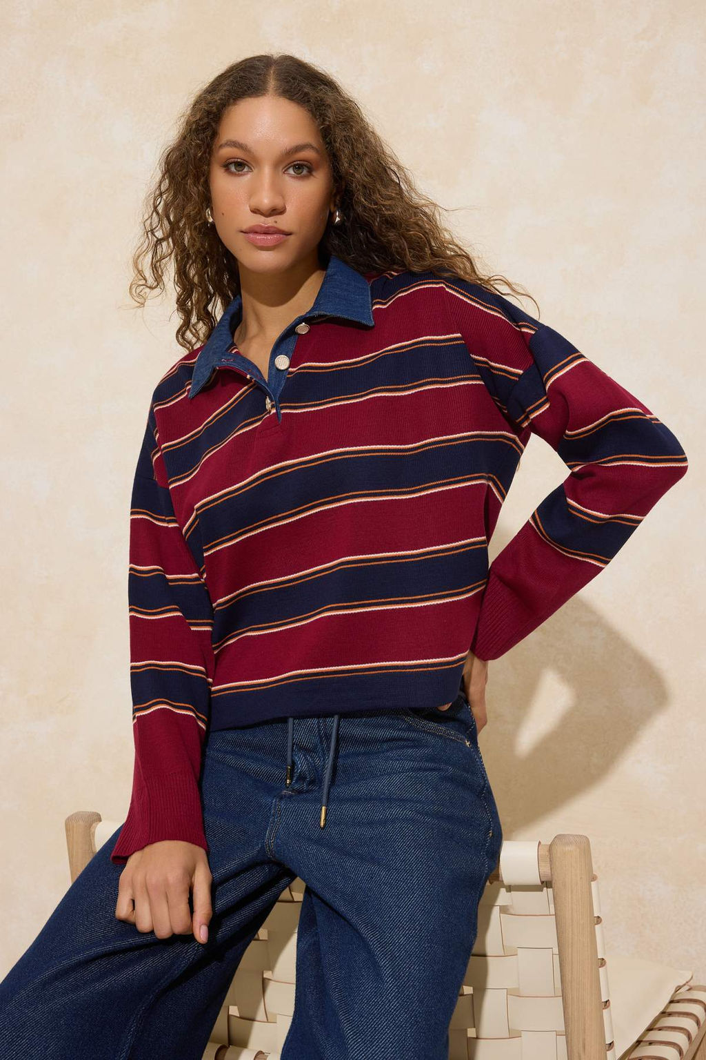 Cok Renkli Cizgili Denim Garnili Polo Yaka Triko Kazak TWOAW26KZ00283