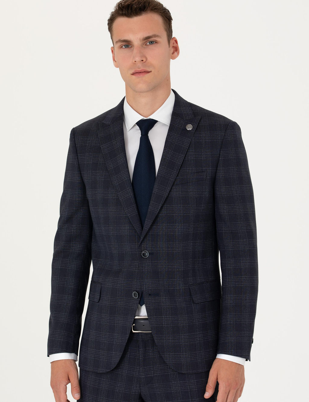 Lacivert Ekose Ekstra Slim Fit Y_n Kar___ml_ Tak_m Elbise