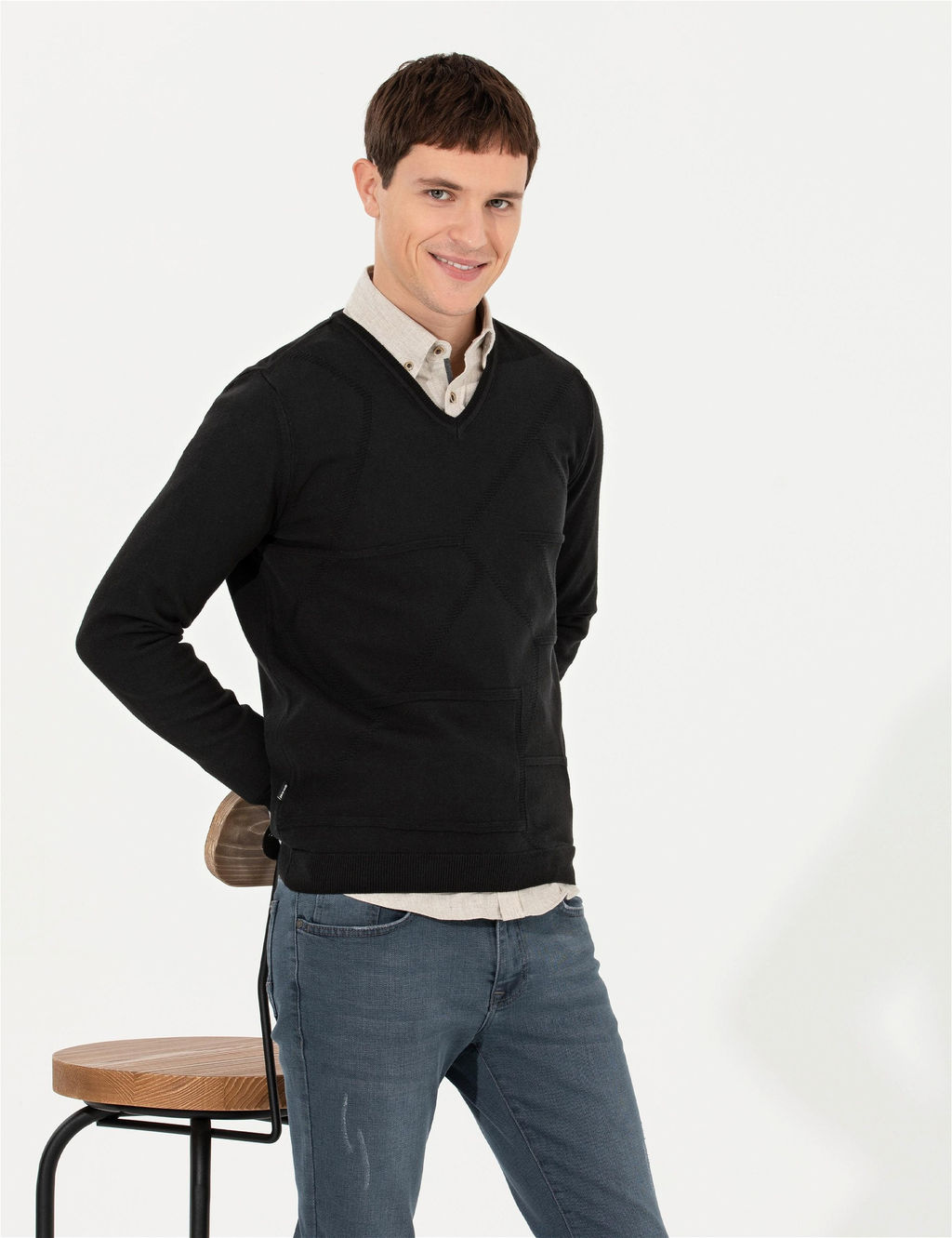 Siyah Slim Fit V Yaka Triko Kazak - Pierre cardin фото 3