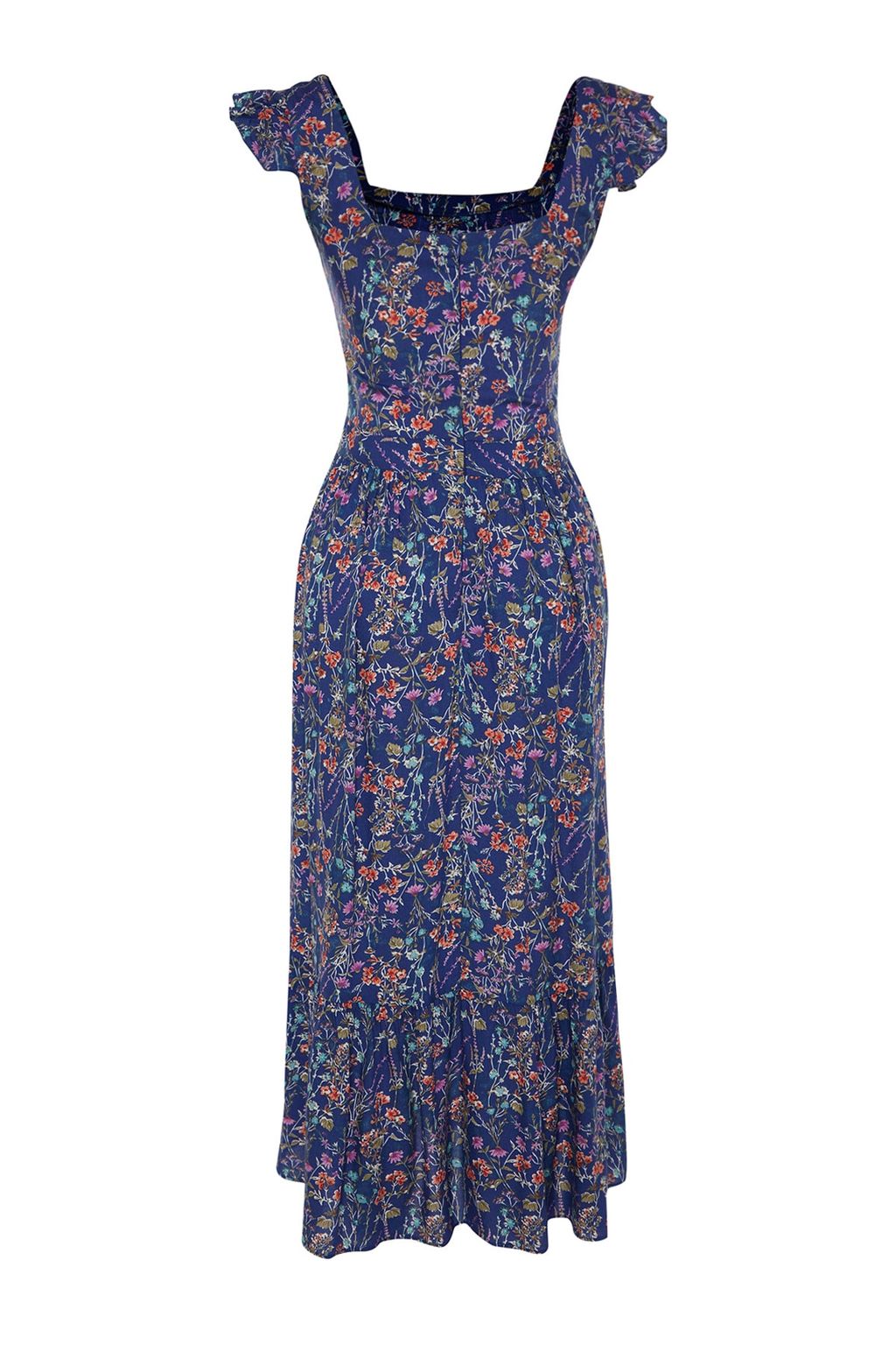 Mavi Cicek Desenli Kare Yaka A Kesim Viskon Midi Dokuma Elbise TWOSS20EL3331