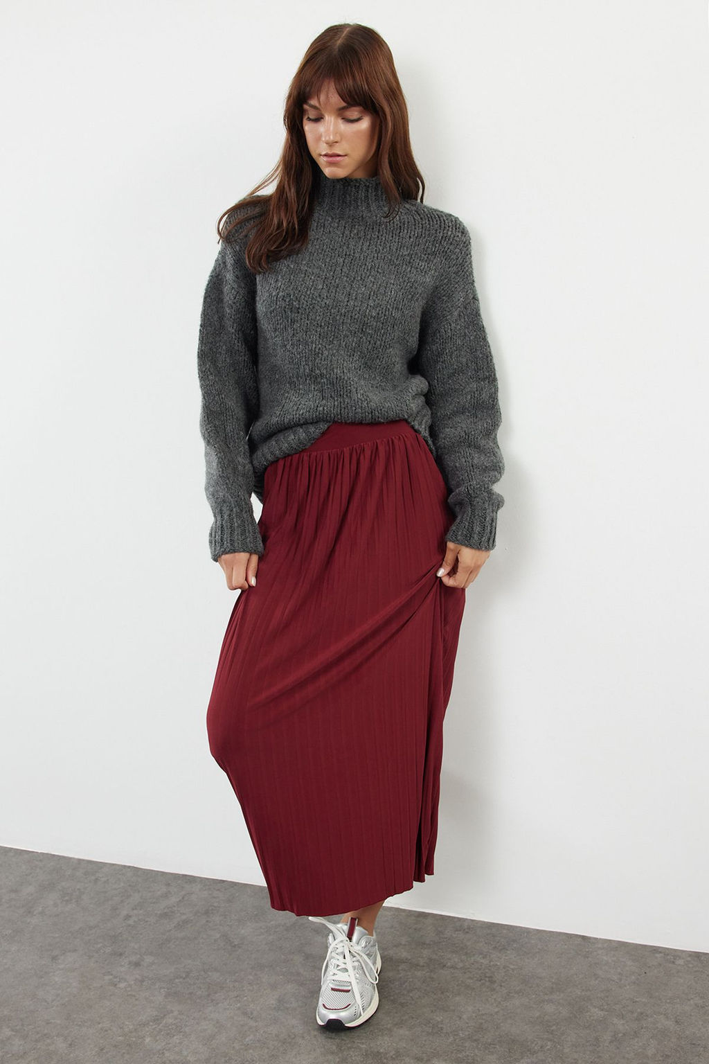 Bordo Yuksek Bel Pilise Esnek Maxi Orme Etek TWOAW25ET00041