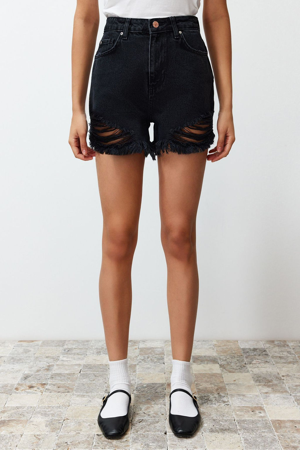 TRENDYOLMILLA Mavi Yuksek Bel Y?rt?kl? Denim Sort TWOSS22SR00030 фото 4