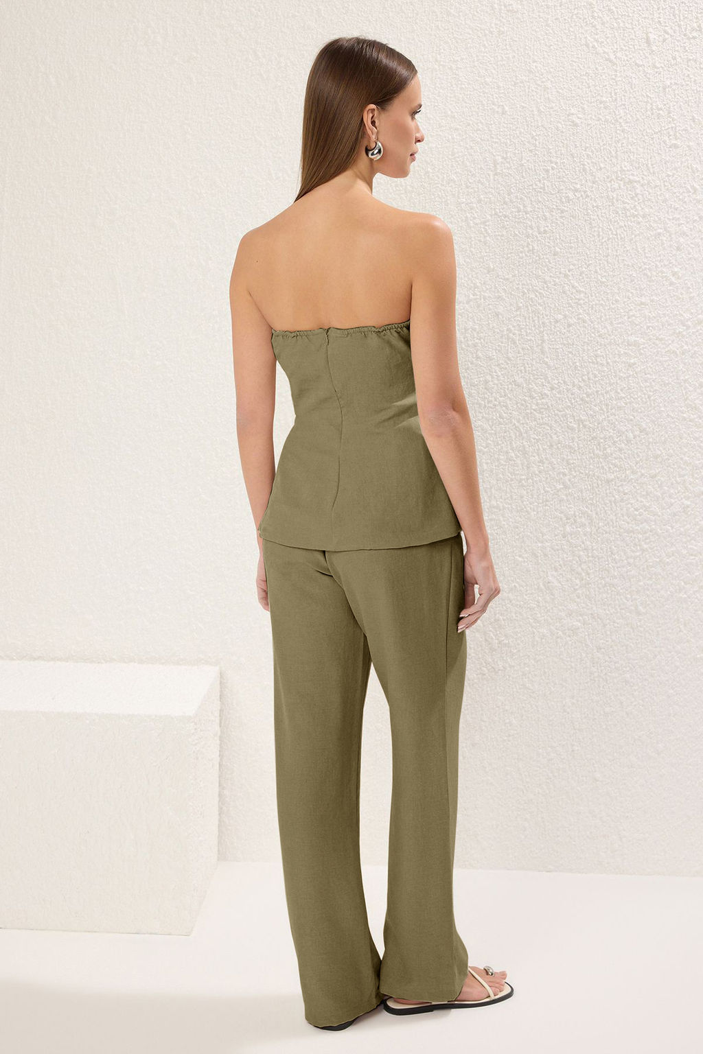 Haki Keten Gorunumlu Straplez Bluz ve Pantolon Dokuma Alt-Ust Tak?m TWOSS25AU00092 - Trendyolmilla фото 5