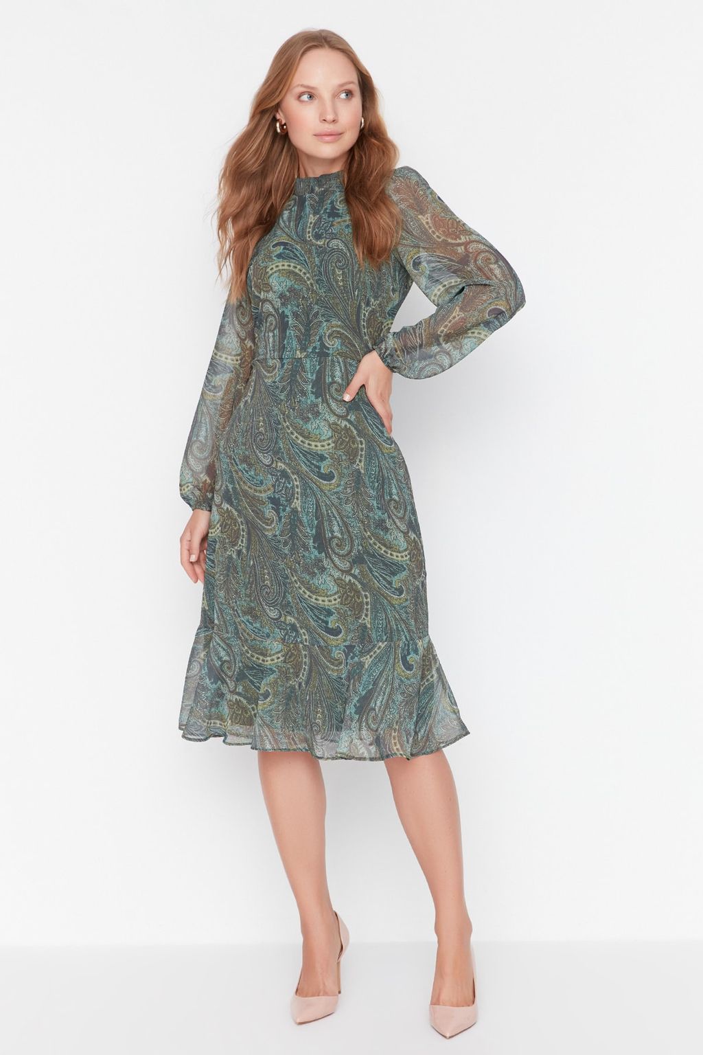 TRENDYOLMILLA Yesil Sal Desenli Volanl? Dokuma K?sl?k Elbise TWOAW23EL01436 фото 9