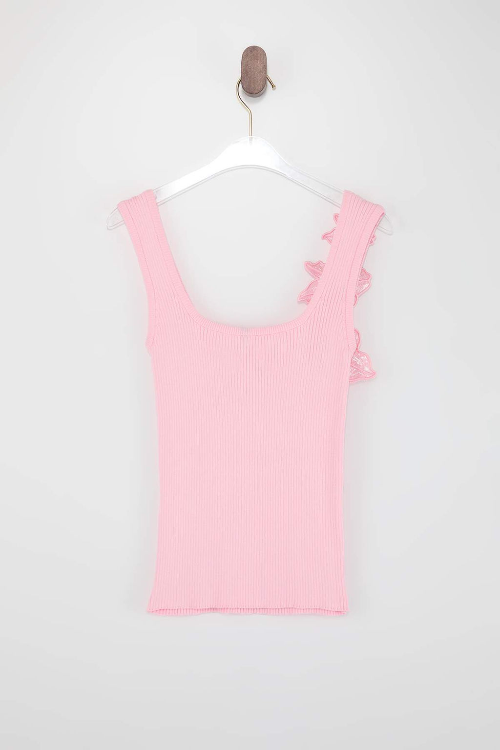 Pembe Kare Yaka Cicek Detayl? Fitted Triko Ince Bluz TWOSS26BZ00287