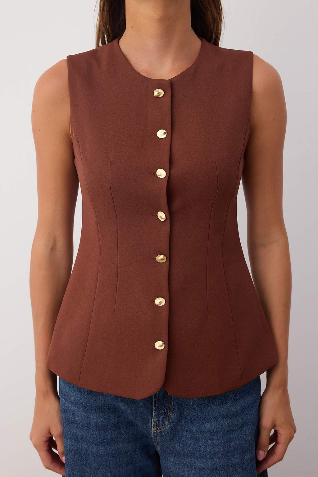 Kahverengi Gold Dugmeli Fitted/Bele Oturan Dokuma Yelek TWOAW26YE00047