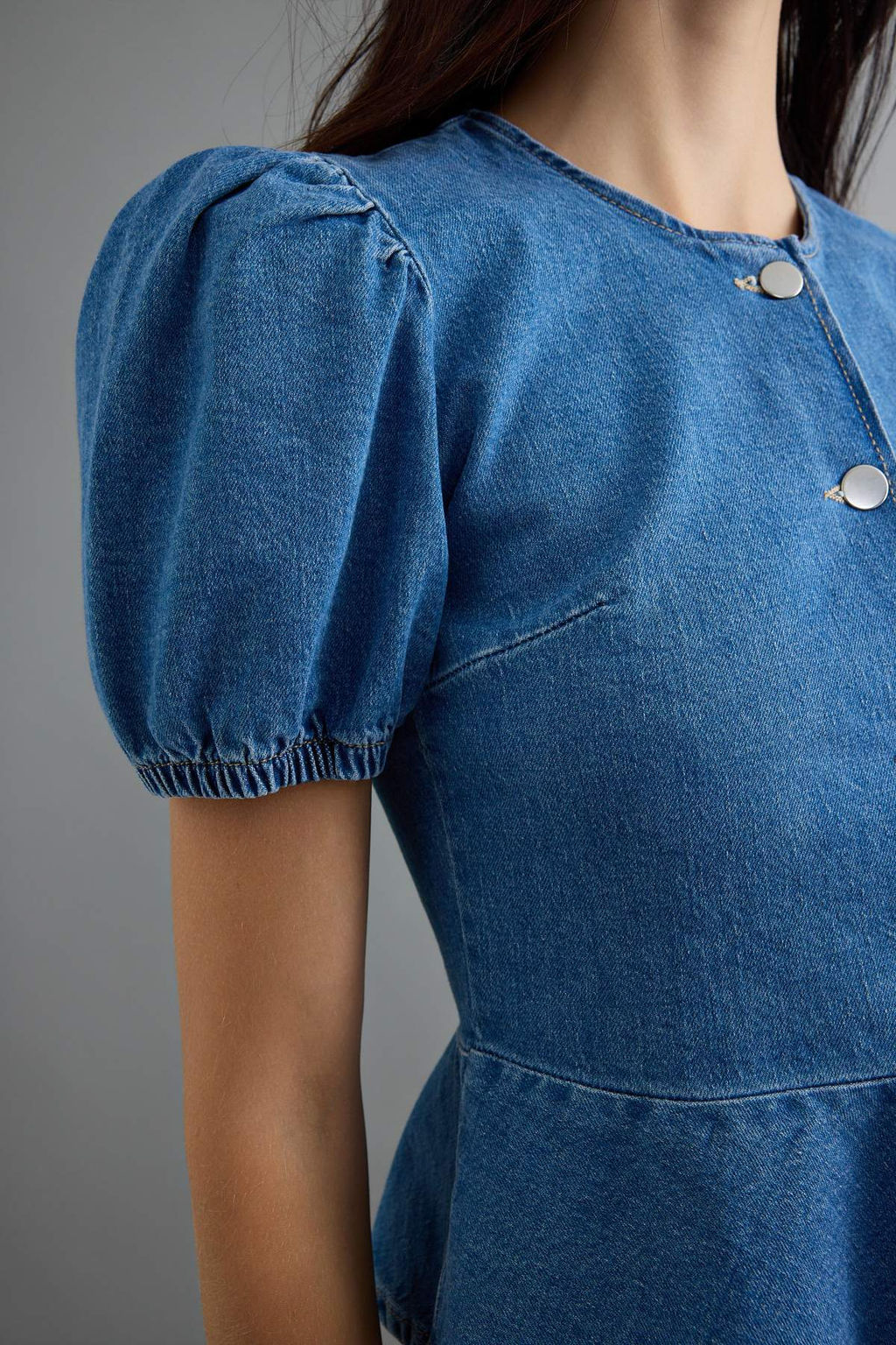 Mavi Balon Kollu D__me Detayl_ Peplum Denim Bluz TWOAW27BZ00037 - Trendyolmilla фото 5