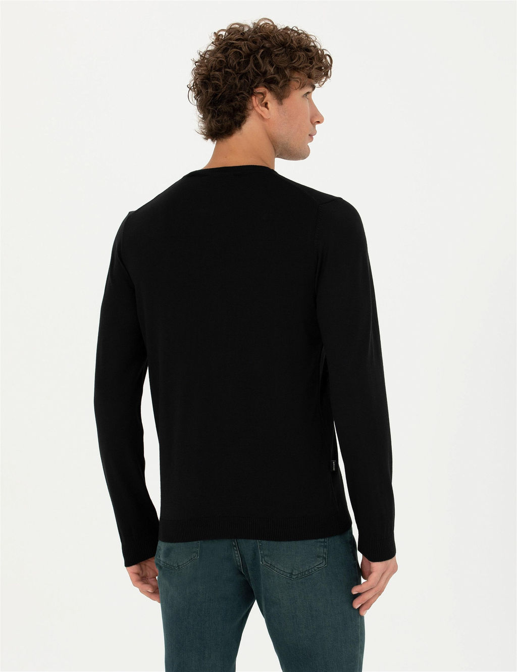 Siyah Slim Fit Bisiklet Yaka Y_n Kar___ml_ Basic Triko Kazak
