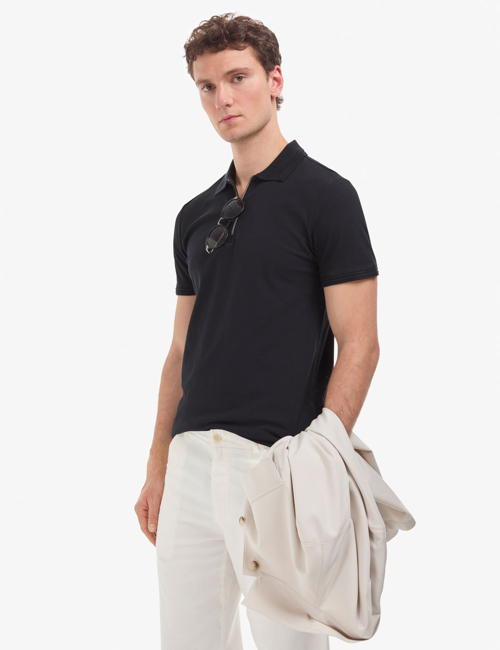 Siyah Slim Fit %100 Pamuk K_vr_lmaz Fermuarl_ Polo Yaka Basic Ti__rt