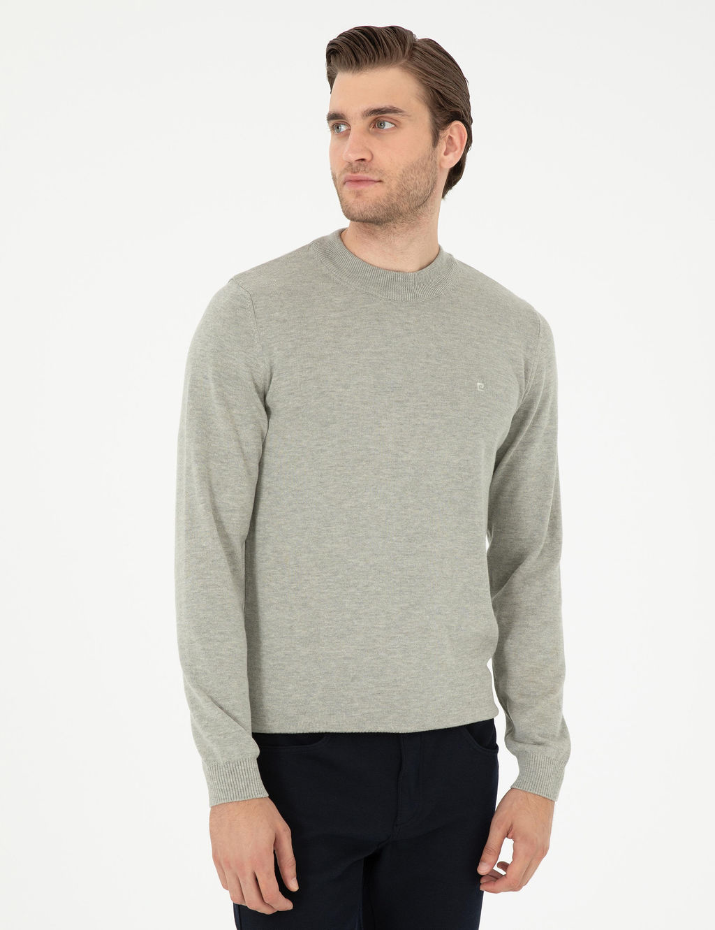 A__k Gri Melanj Slim Fit Yar_m Bal_k__ Yaka Basic Triko Kazak