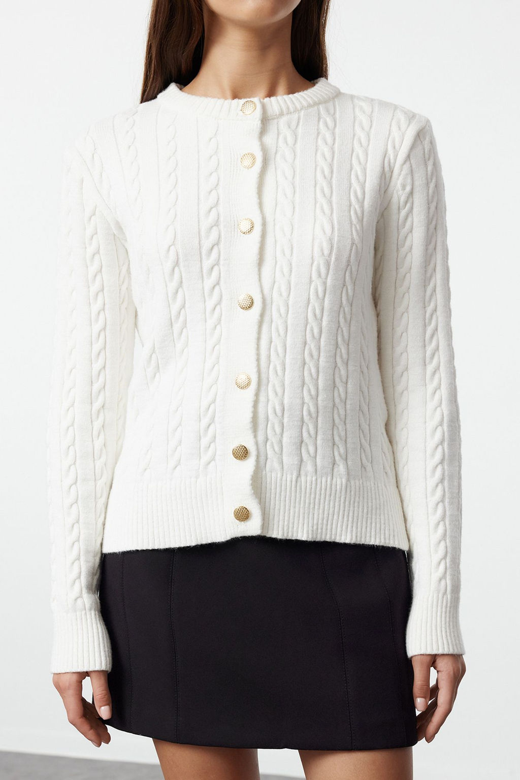 Ekru Merserize Gorunumlu Premium/Ozel Iplik Orgu Detayl? Ceket Gorunumlu Triko H?rka TWOAW25HI00229