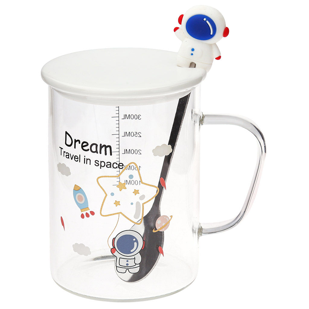 Кружка стеклянная Путешествие в космос 450мл, д8см h11см, д/основания 7,4см, тонкостенное стекло, деколь в ассортименте, фарфоровая крышка, ложка нерж. с декором 15см, с мерной шкалой, в подарочной коробке (Китай) - Домашняя мода фото 5