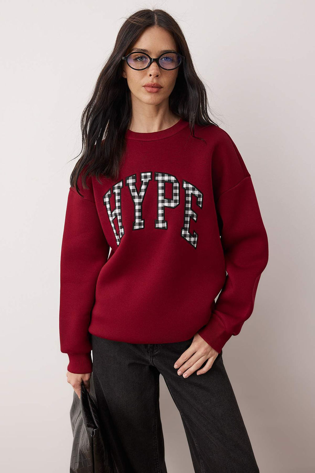 Bordo Ekose Nak?sl? Oversize Kal?n Ici Polarl? Orme Sweatshirt TWOAW26SW00231 - Trendyolmilla фото 2