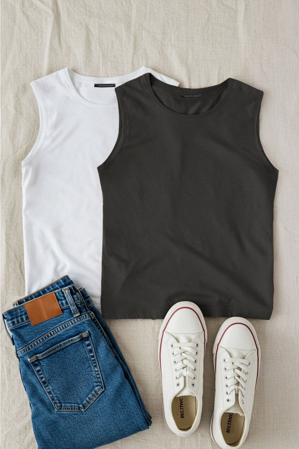 Basic Beyaz-Antrasit 2li Paket Oversize/Genis Kesim Pamuklu Kolsuz T-Shirt/Atlet TMNSS22AL0070