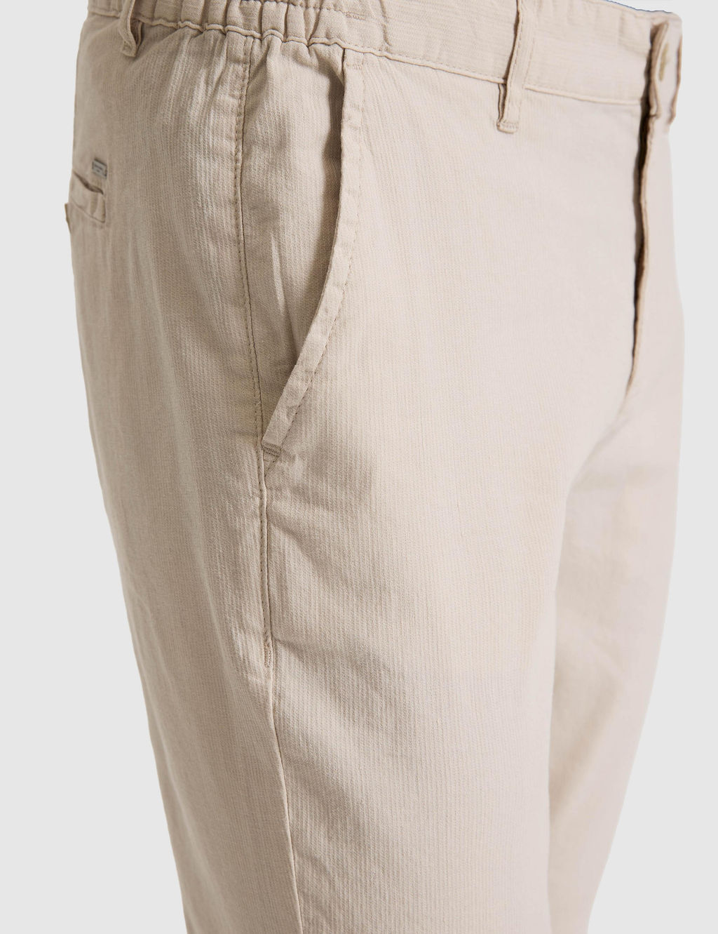 Bej Straight Fit Keten Kar___ml_ Beli Lastikli Kanvas Pantolon