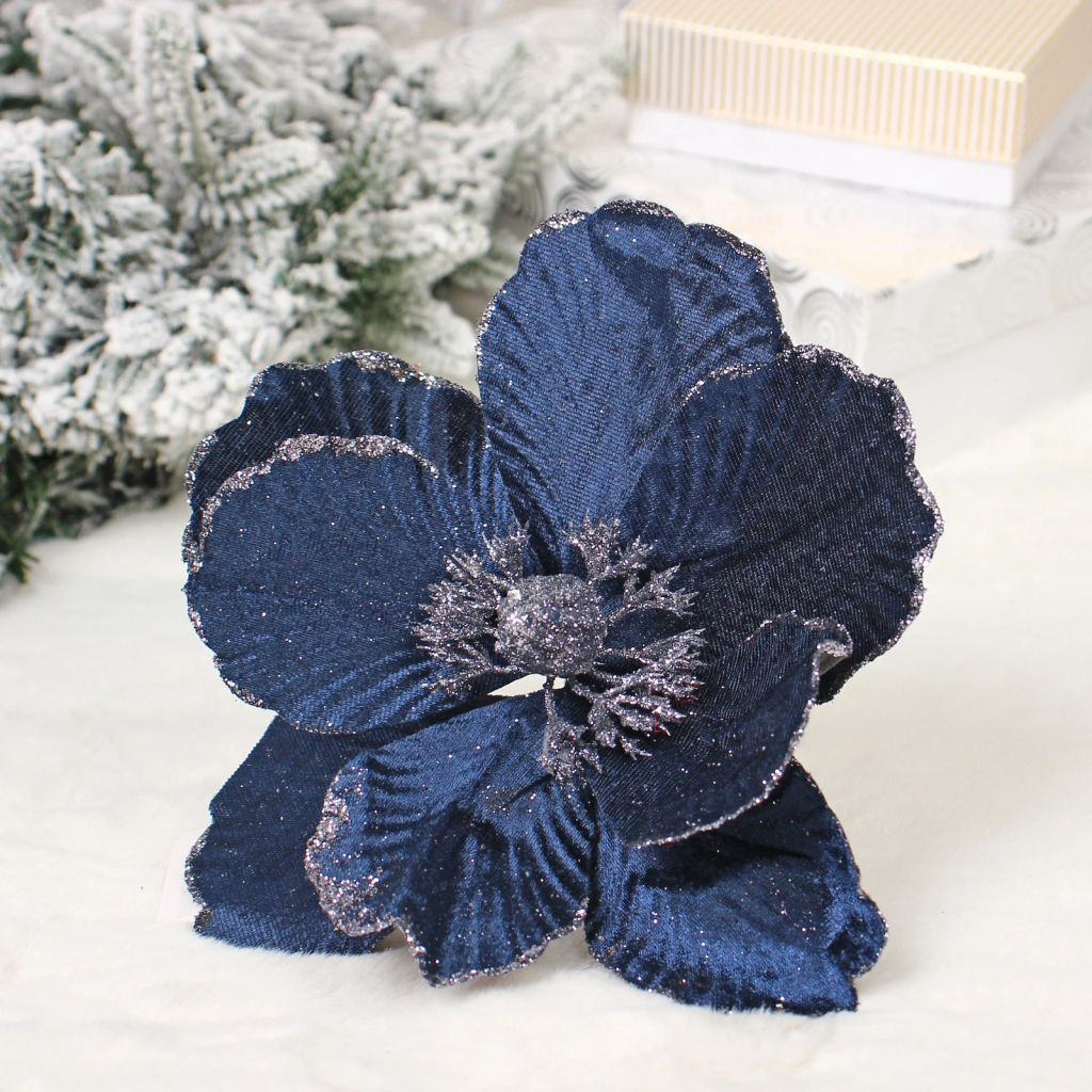 Цена за 2шт. Украшение новогоднее "Пуансеттия - Волшебство" 20 см, Сапфир