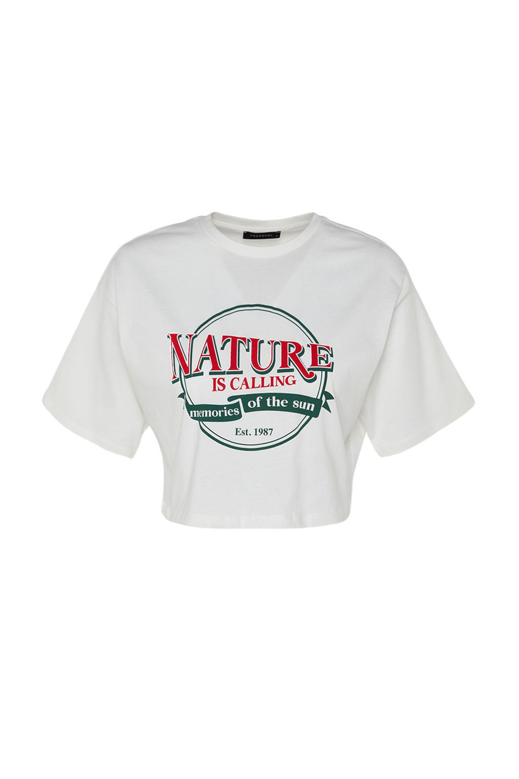 TRENDYOLMILLA Beyaz %100 Pamuk Bask?l? Relaxed/Genis Rahat Kesim Crop Bisiklet Yaka Orme T-Shirt TWOSS23TS00266  фото 6