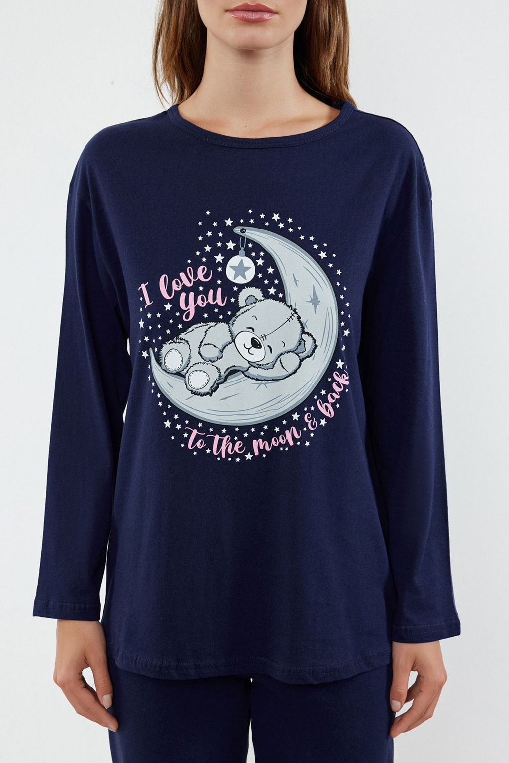 Trendyolmilla Lacivert %100 Pamuklu Ay?c?kl? ve Galaksi Bask?l? Orme Pijama Tak?m? THMAW25PT00001  фото 3