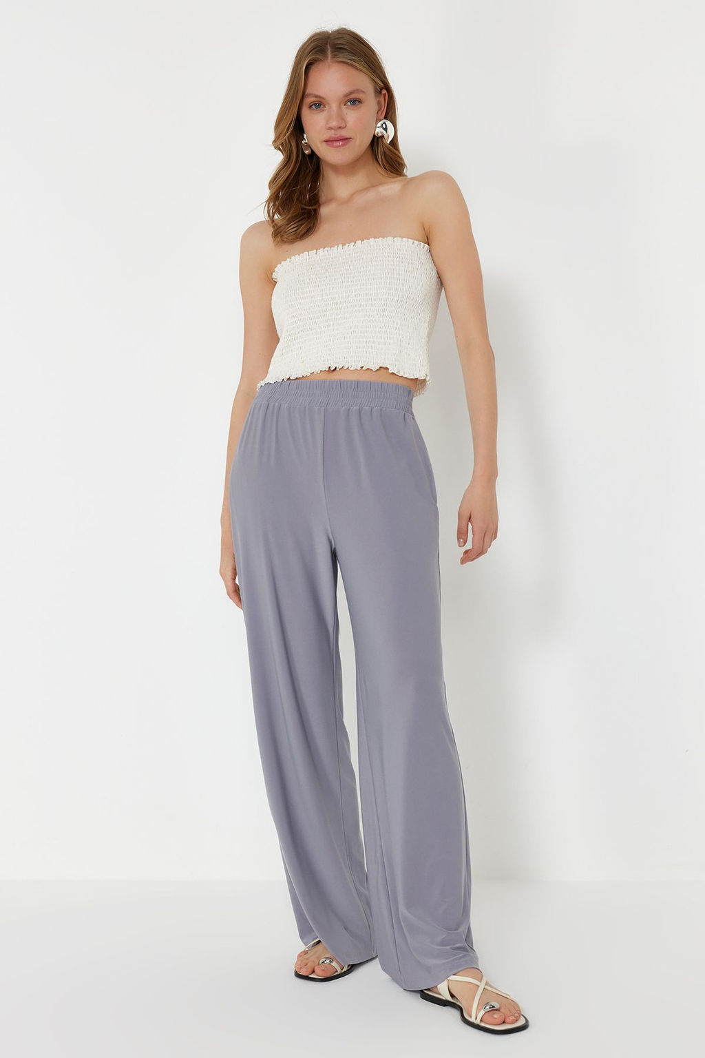 TRENDYOLMILLA Siyah Wide Leg/Rahat Kesim Yuksek Bel Esnek Orme Pantolon TWOSS23PL00129  фото 32