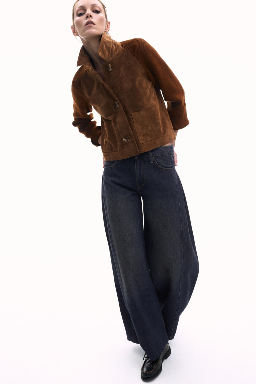 ZW COLLECTION MID-WAIST WIDE-LEG SIDE PLEATED JEANS