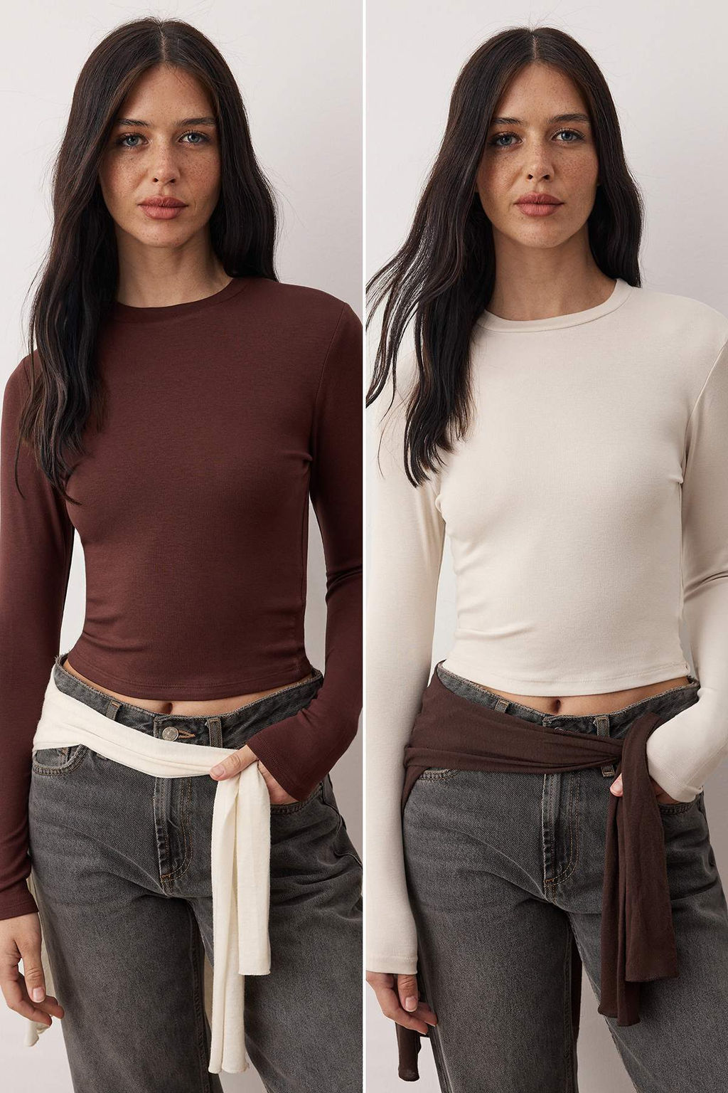 Tas-Koyu Kahverengi Ikili Paket Crop/K?sa Fitted/Vucuda Oturan Orme Bluz TWOAW25BZ00061