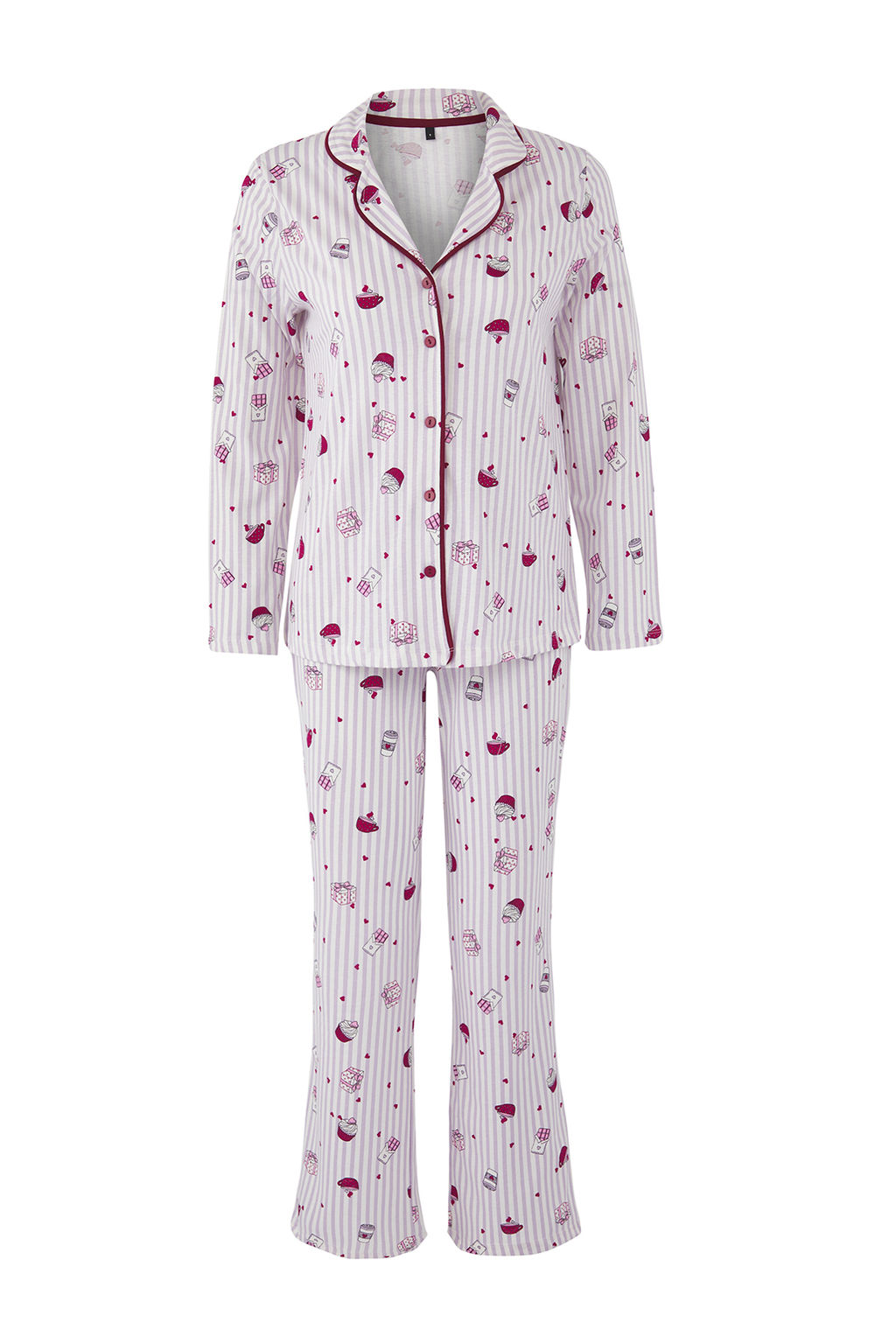 Lila-Cok Renkli %100 Pamuklu Kalpli Eglence Desenli Biyeli Orme Pijama Tak?m? THMAW26PT00039