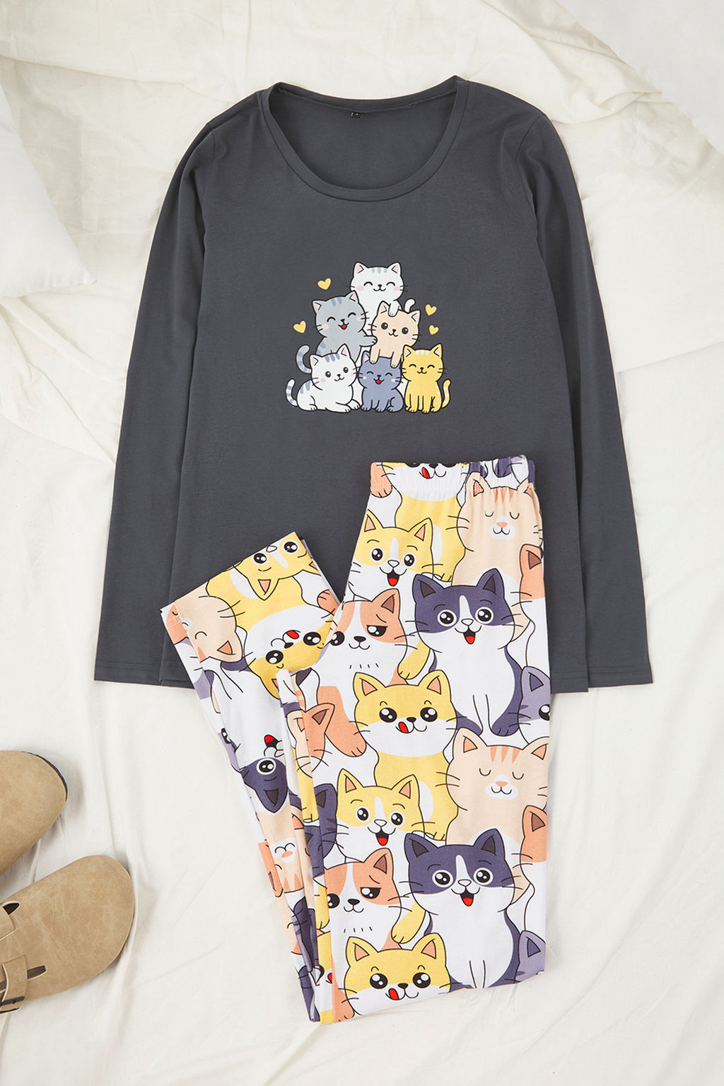 Antrasit Kedi Desenli Pamuklu Likral? Yumusak Tuse Orme Pijama Tak?m? THMAW26PT00167