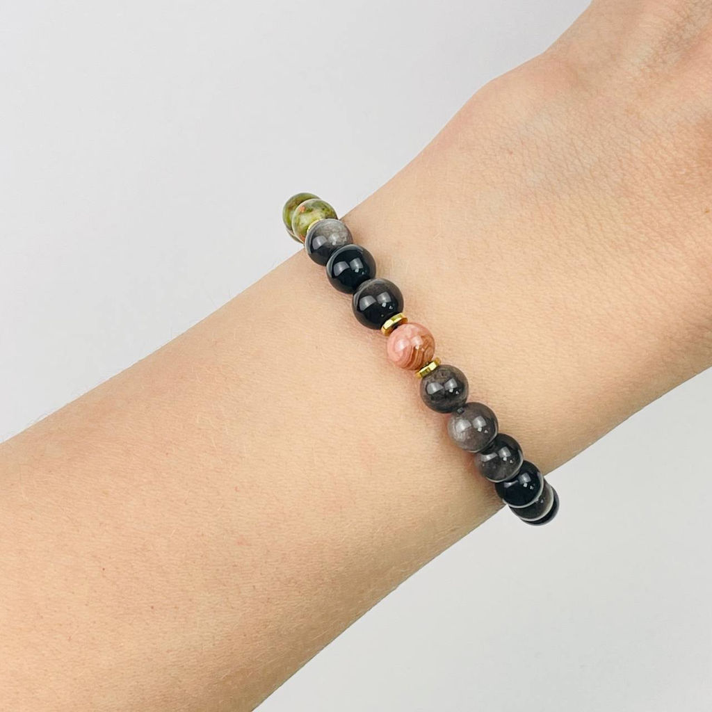 Браслет "Стихия Земля" из Обсидиана, Унакита и Родохрозита 17 см