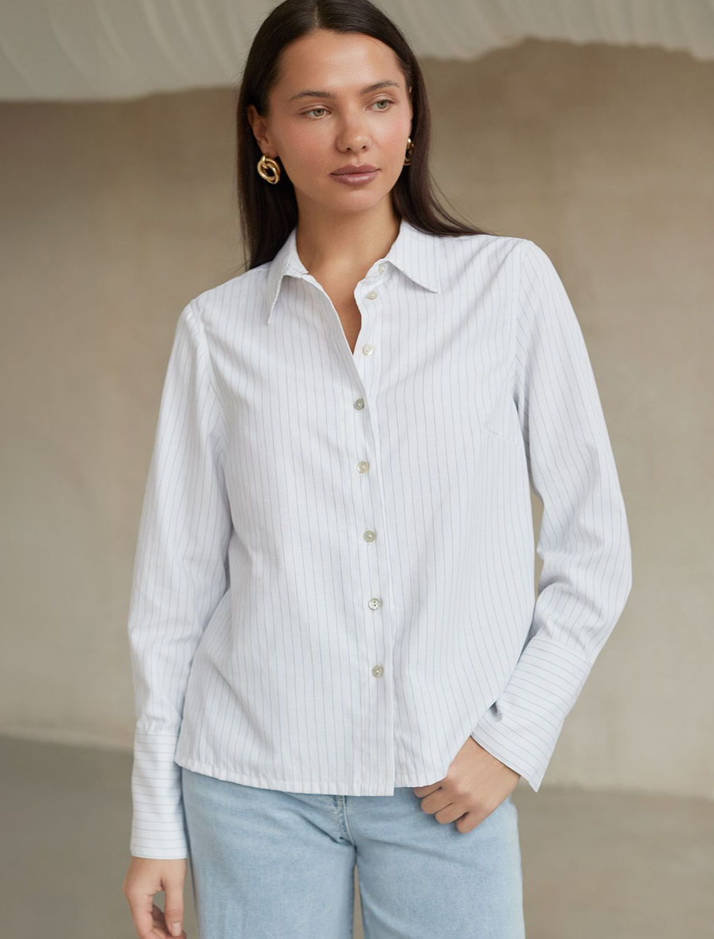 Блузка свободного силуэта в тонкую полоску из эластичного хлопка с добавлением льна - Vilatte фото 6