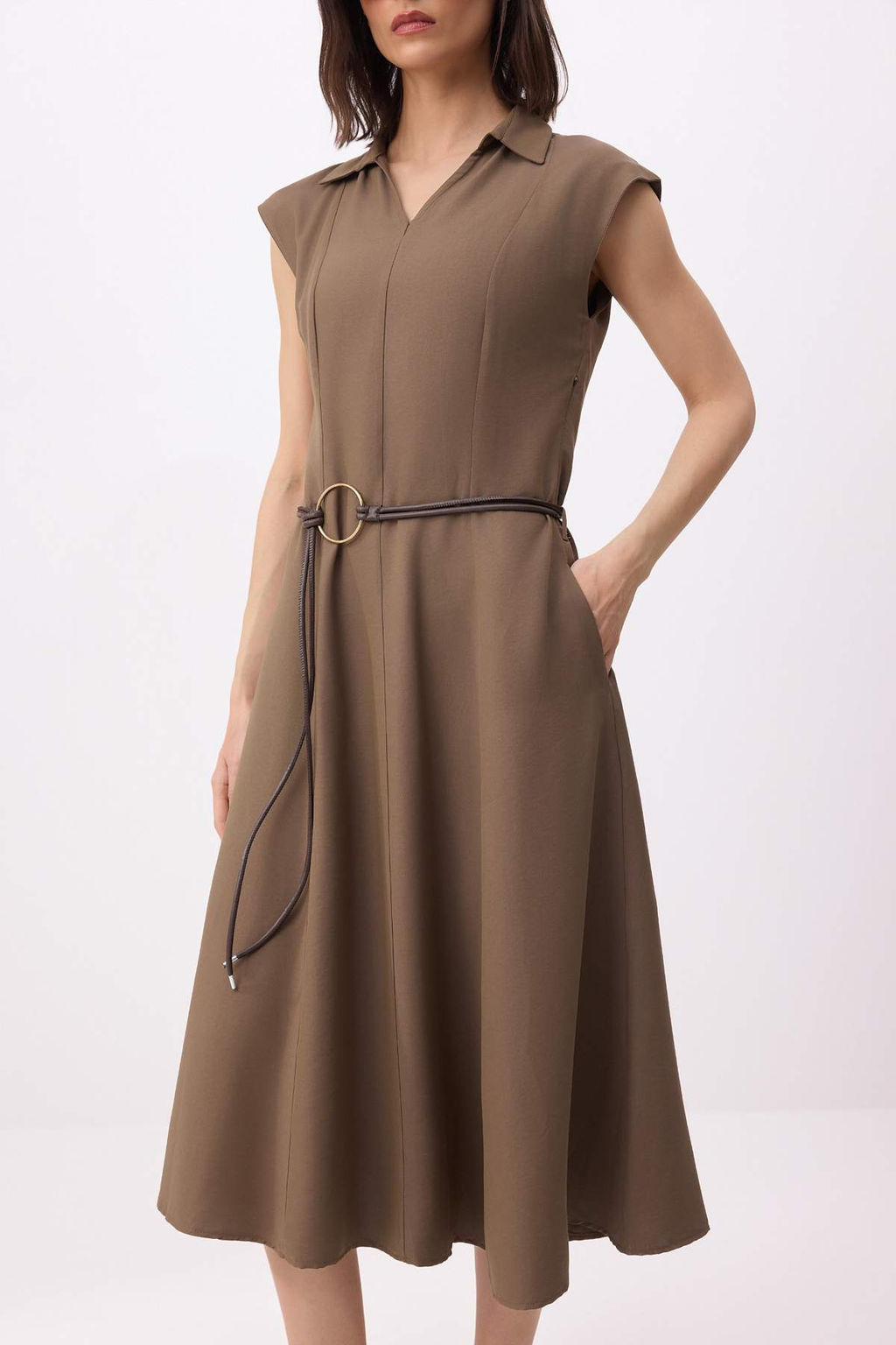 Haki Duz Kemerli Midi Dokuma Elbise TWOSS26EL00062 - Trendyolmilla фото 3