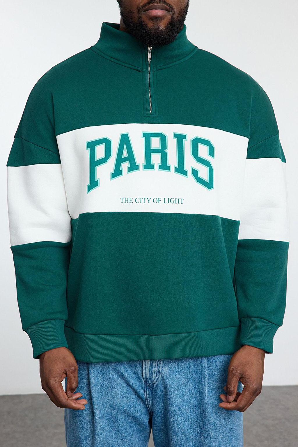 TRENDYOL MAN Zumrut Yesili %100 Pamuk Buyuk Beden Oversize/Genis Kesim Dik Yaka Sweatshirt TMNAW25AO00055 - Trendyolmilla фото 3