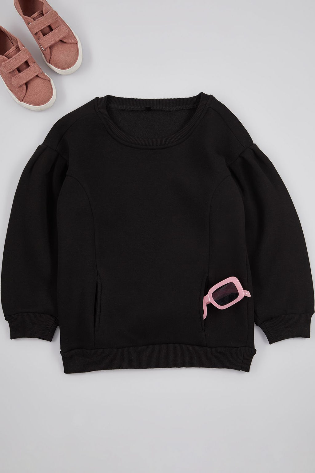 Siyah K?z Cocuk Kol Buzgulu Cepli Orme Sweatshirt TKDAW25SW00025