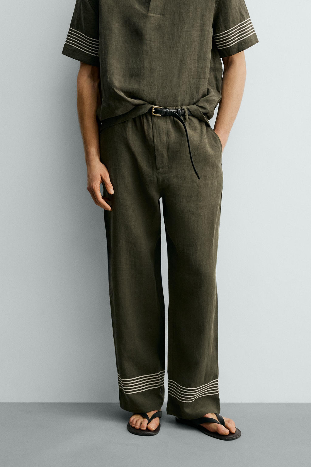 PANTAL?N RELAXED FIT 100% LINO / Khaki oscuro