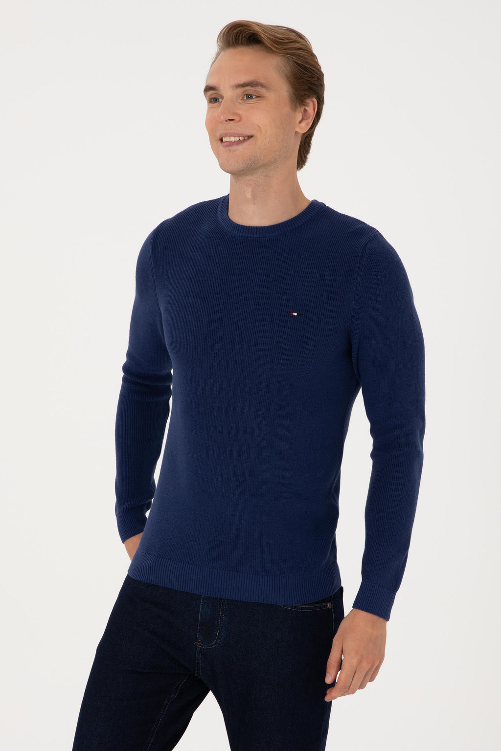 Erkek Slim Fit Bisiklet Yaka _ndigo Basic Kazak - U.s. polo assn фото 3