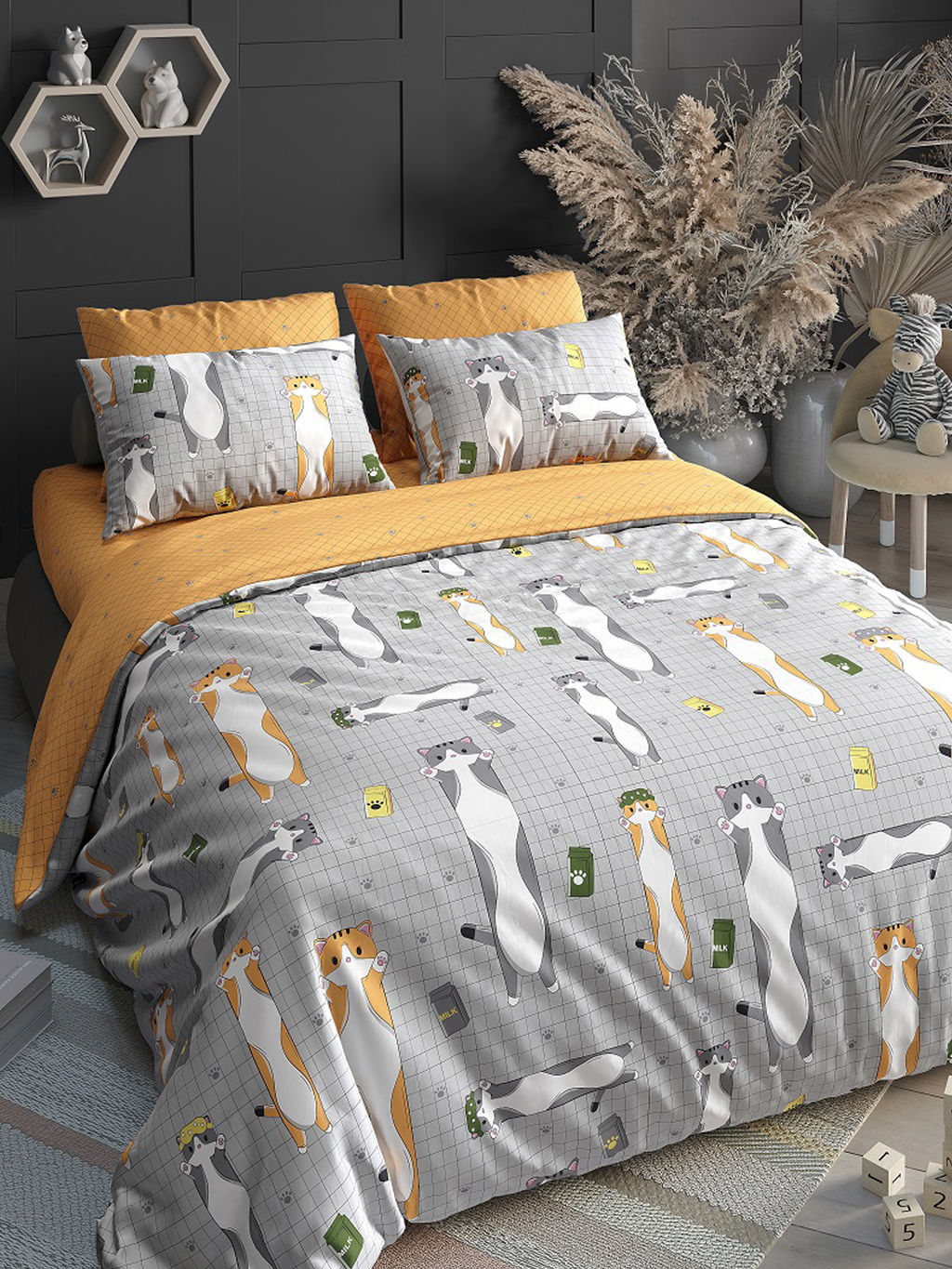 Постельное белье детское поплин с простыней на резинке - Кот-батон Детский