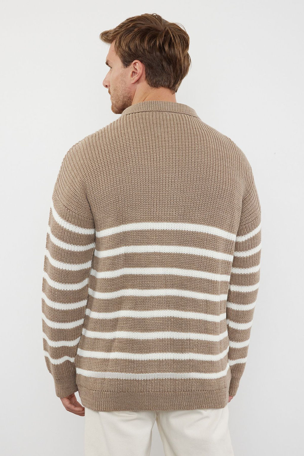 TRENDYOL MAN Vizon Casual Oversize Polo Yaka Cizgili Triko Kazak TMNAW24KZ00018 - Trendyolmilla фото 22