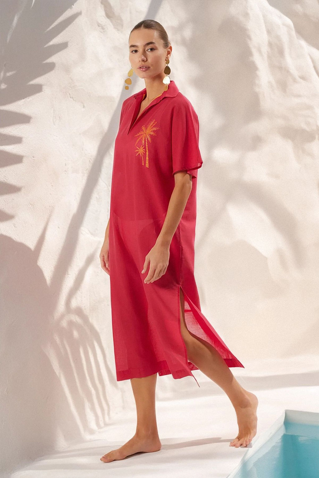 Trendyolmilla Fusya Maxi Dokuma %100 Pamuk Nak?sl? Plaj Elbisesi TBESS25EL00026