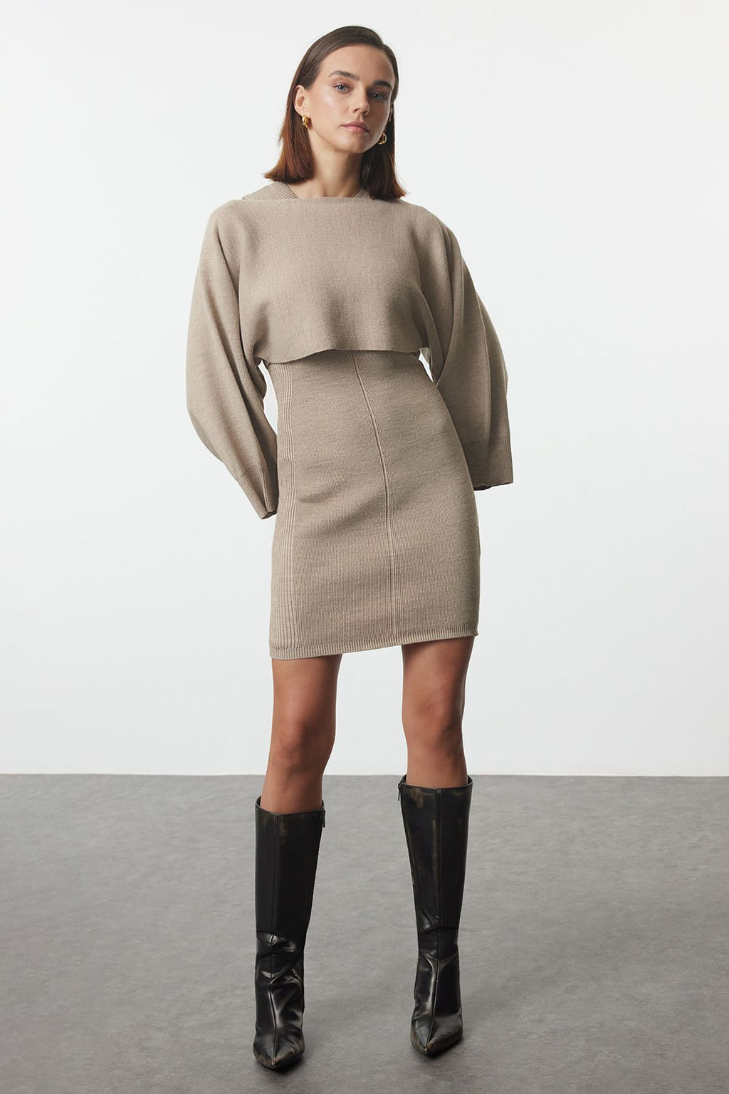 TRENDYOLMILLA Bej Mini Triko Bolero-Elbise Tak?m TWOAW25EL00056  фото 9