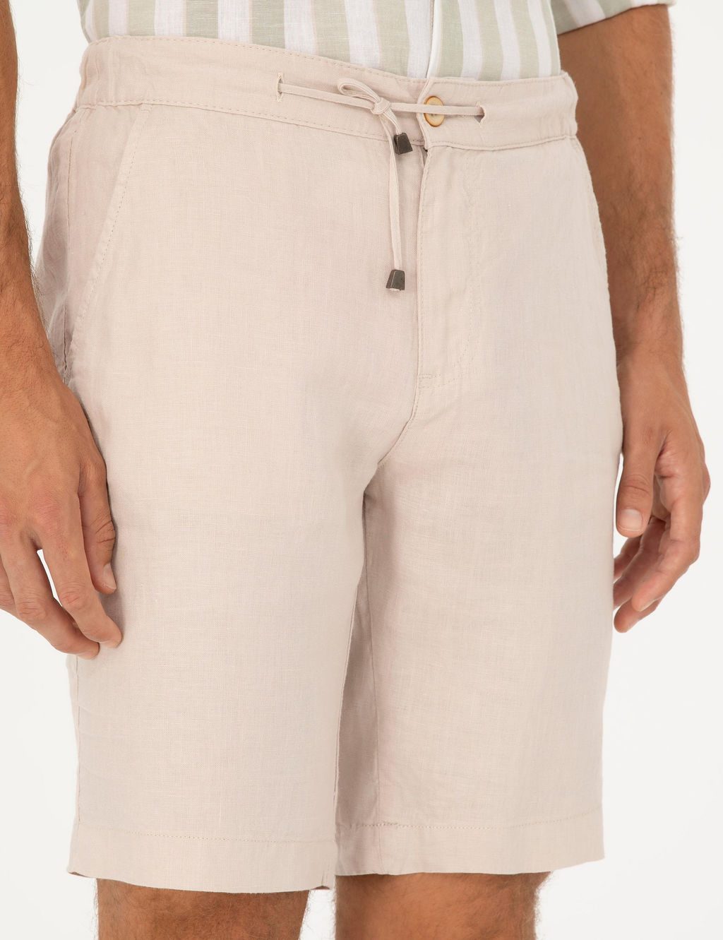 Bej Slim Fit Keten Beli Lastikli Dokuma _ort