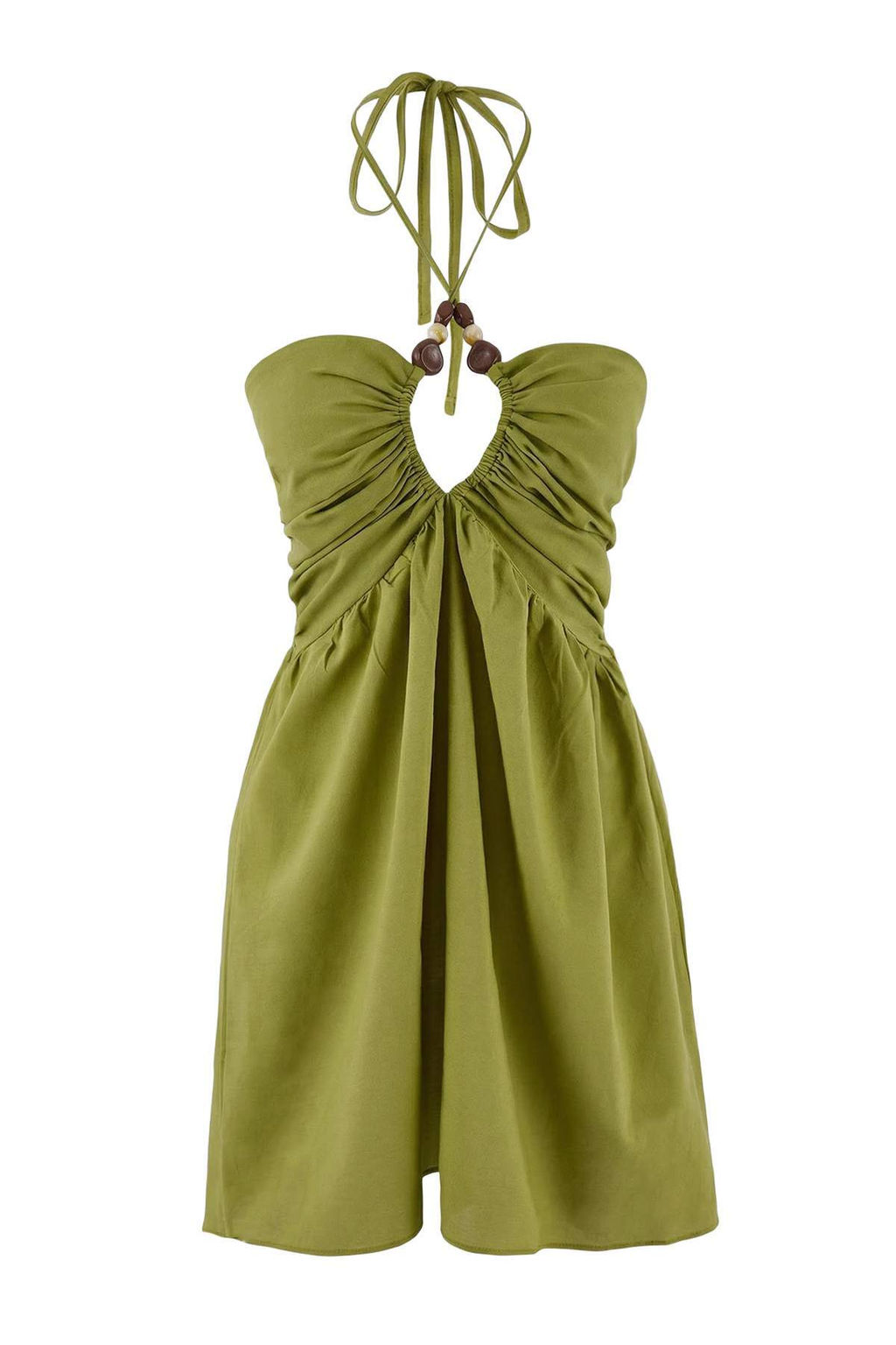 Yag Yesili Dokuma Boyundan Baglamal? Aksesuar Detayl? %100 Pamuk Mini Plaj Elbisesi TBESS26EL00020