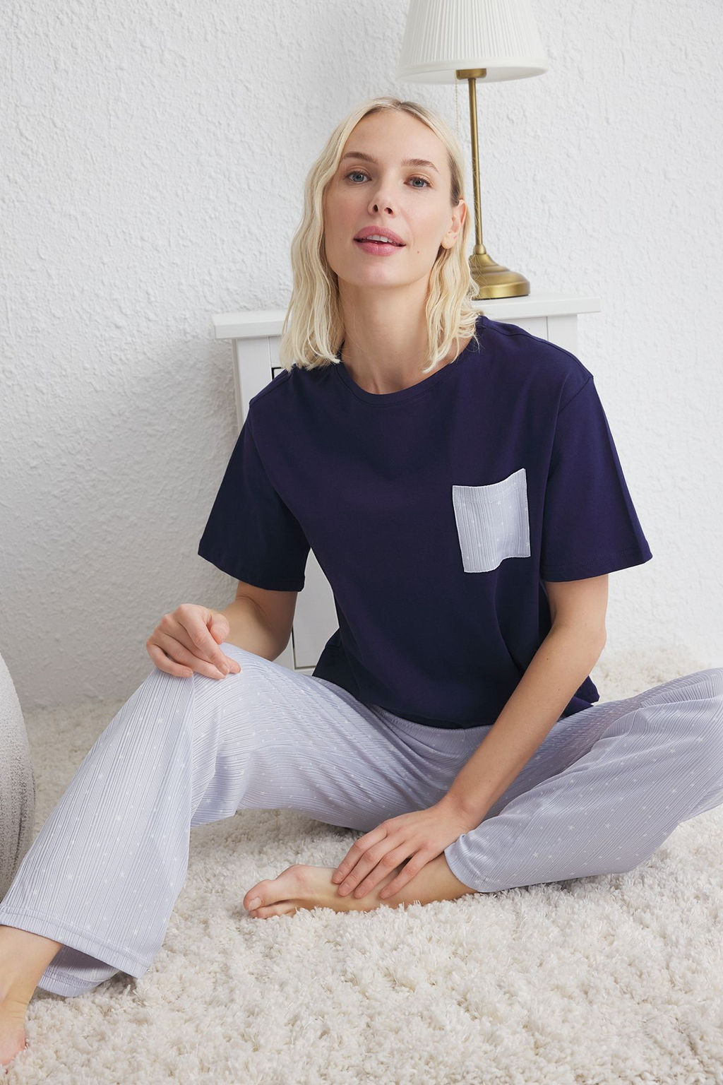 Trendyolmilla Mavi Y?ld?z Desenli Cep Detayl? Orme Pijama Tak?m? THMSS25PT00123 фото 7