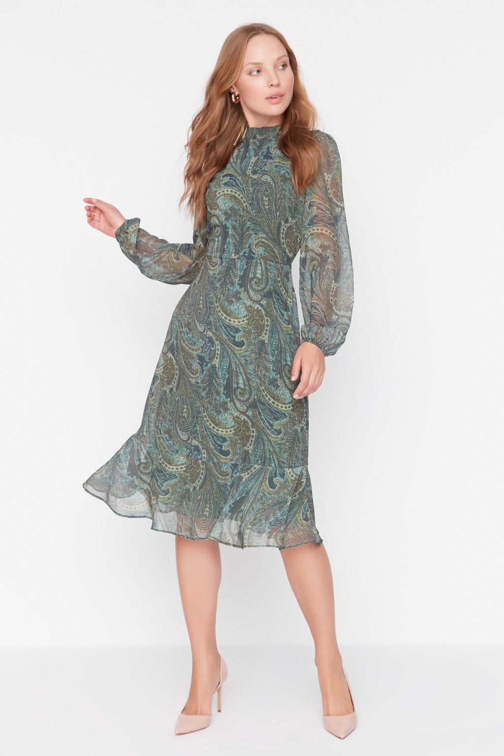 TRENDYOLMILLA Yesil Sal Desenli Volanl? Dokuma K?sl?k Elbise TWOAW23EL01436 фото 10
