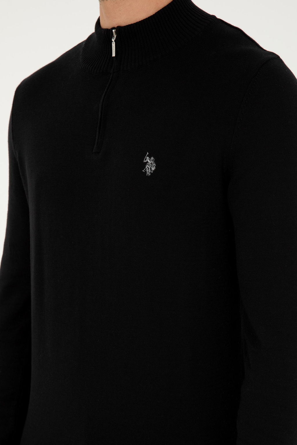 Erkek Slim Fit Yar_m Fermuarl_ Siyah Basic Kazak