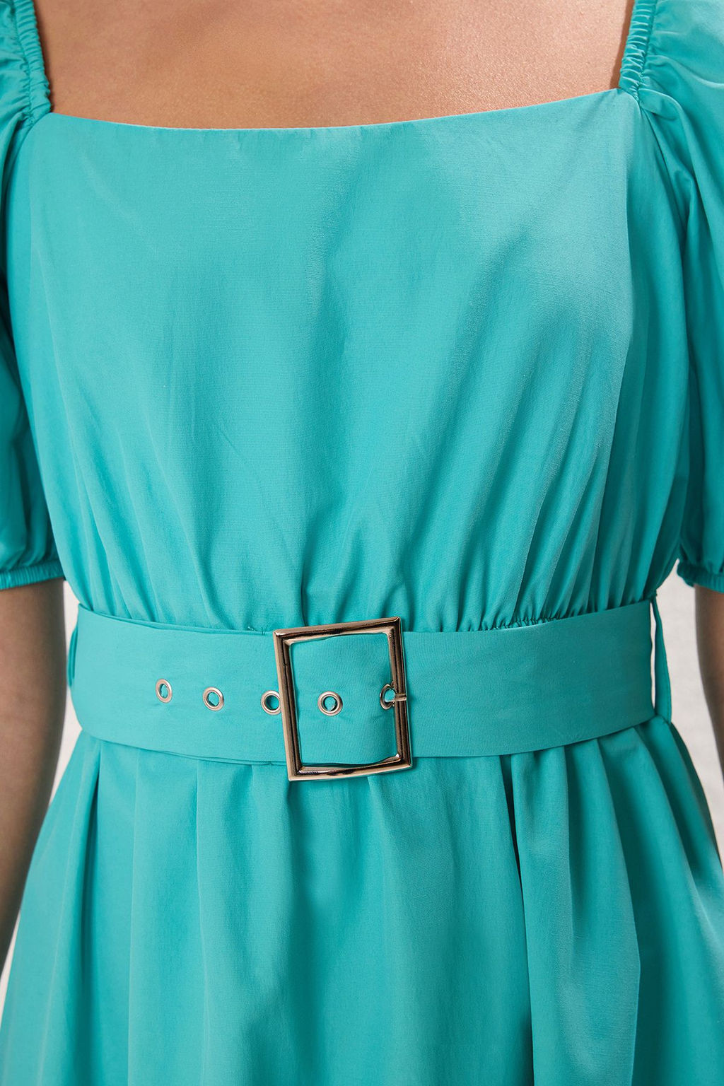 Petrol Duz Etegi Belden Ac?lan Kemerli Midi Dokuma Elbise TWOSS23EL01123