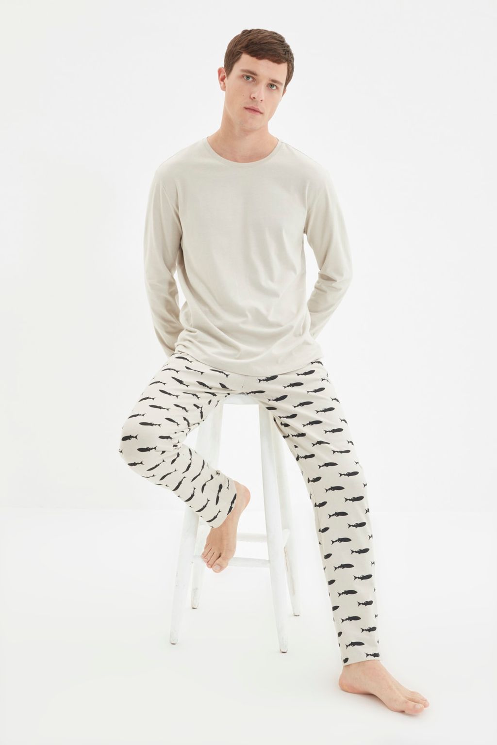 TRENDYOL MAN Bej Regular Fit Bask?l? Orme %100 Pamuk Pijama Tak?m? TMNAW22PT1069 - Trendyolmilla фото 4