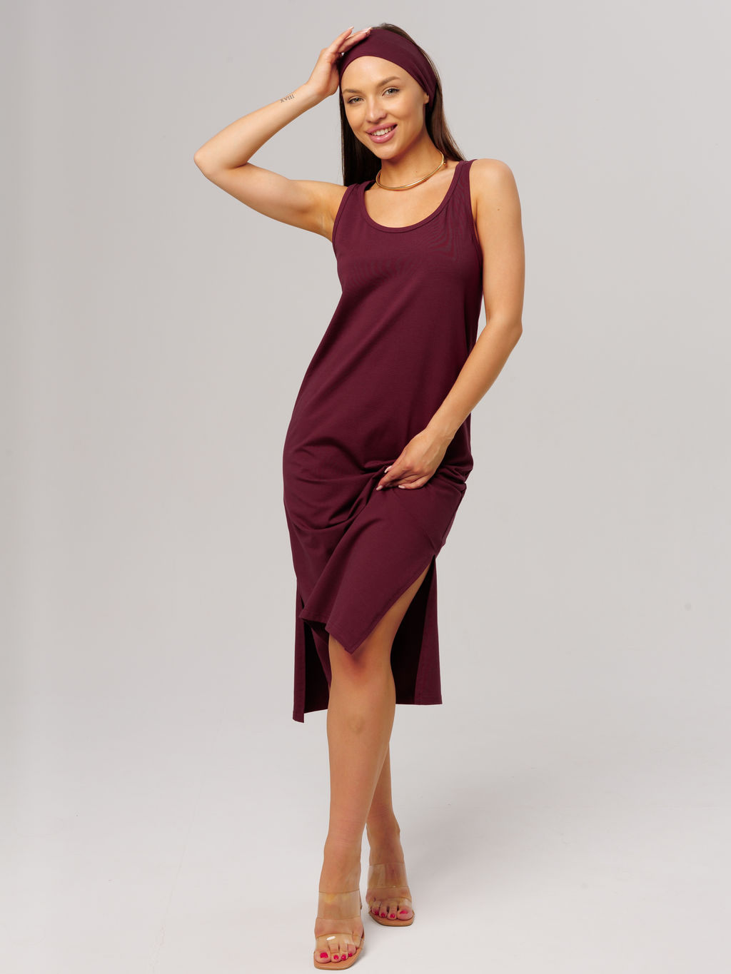 Трикотажная удлиненная туника с разрезами темно-бордовая КТ-18 (28)