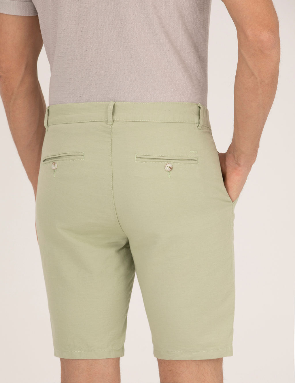 A__k Ye_il Slim Fit Keten Kar___ml_ Beli Lastikli Bermuda _ort